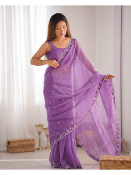 URBAN PALLU - Lavender Solid/Plain Organza Saree with Unstitched Blouse