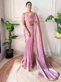URBAN PALLU - Pink Solid/Plain Organza Saree with Unstitched Blouse