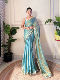 URBAN PALLU - Blue Solid/Plain Organza Saree with Unstitched Blouse