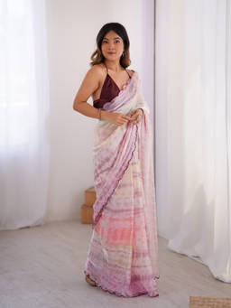 URBAN PALLU - White Tie & Dye Organza Saree with Unstitched Blouse