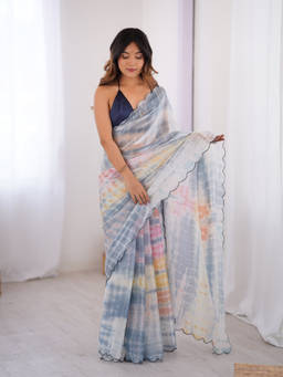 URBAN PALLU - Blue Tie & Dye Organza Saree with Unstitched Blouse