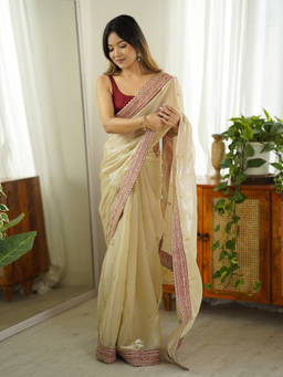 URBAN PALLU - Beige Embellished/Sequined Organza Saree with Unstitched Blouse
