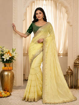 PMD FASHION - Yellow Embellished/Sequined Silk Blend Saree with Unstitched Blouse
