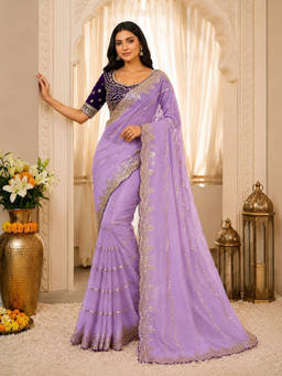 PMD FASHION - Lavender Embellished/Sequined Silk Blend Saree with Unstitched Blouse