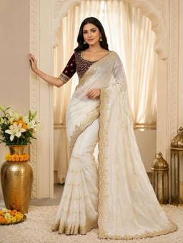 PMD FASHION - White Embellished/Sequined Silk Blend Saree with Unstitched Blouse