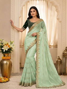 PMD FASHION - Green Embellished/Sequined Silk Blend Saree with Unstitched Blouse