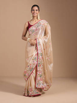URBAN PALLU - Beige Embroidered Tissue Saree with Unstitched Blouse