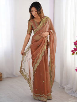 URBAN PALLU - Beige Embellished/Sequined Organza Saree with Unstitched Blouse