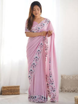 URBAN PALLU - Lavender Solid/Plain Poly Georgette Saree with Unstitched Blouse