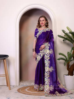URBAN PALLU - Navy Blue Embellished/Sequined Silk Blend Saree with Unstitched Blouse