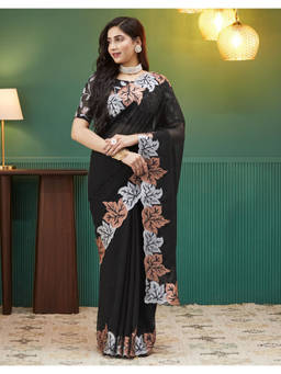 URBAN PALLU - Black Solid/Plain Poly Georgette Saree with Unstitched Blouse