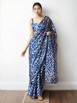 URBAN PALLU - Blue Printed Silk Blend Pre-Draped Saree with Unstitched Blouse