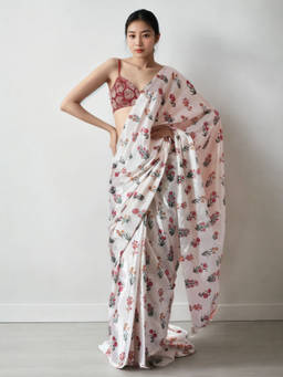 URBAN PALLU - Cream Floral Silk Blend Pre-Draped Saree with Unstitched Blouse