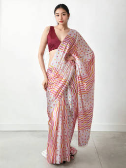 URBAN PALLU - Peach Polka Dots Silk Blend Pre-Draped Saree with Unstitched Blouse