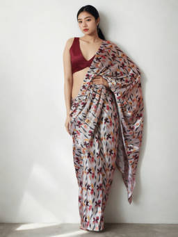 URBAN PALLU - Beige Floral Silk Blend Pre-Draped Saree with Unstitched Blouse