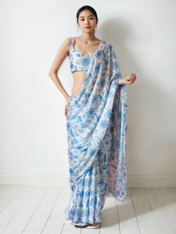 URBAN PALLU - Off White Floral Silk Blend Pre-Draped Saree with Unstitched Blouse