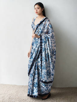 URBAN PALLU - Off White Floral Silk Blend Pre-Draped Saree with Unstitched Blouse