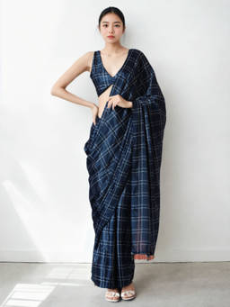 URBAN PALLU - Blue Checks Silk Blend Pre-Draped Saree with Unstitched Blouse
