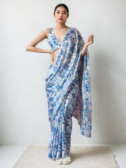 URBAN PALLU - Off White Floral Silk Blend Pre-Draped Saree with Unstitched Blouse