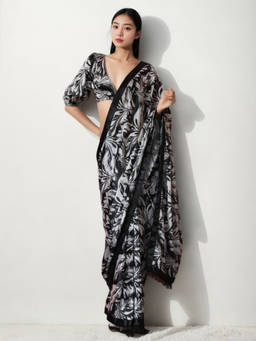 URBAN PALLU - Black Floral Silk Blend Pre-Draped Saree with Unstitched Blouse