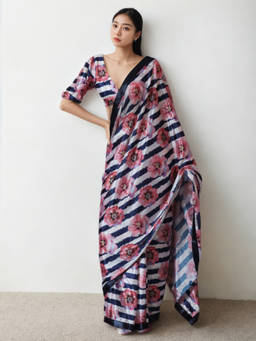 URBAN PALLU - White Stripes Silk Blend Pre-Draped Saree with Unstitched Blouse