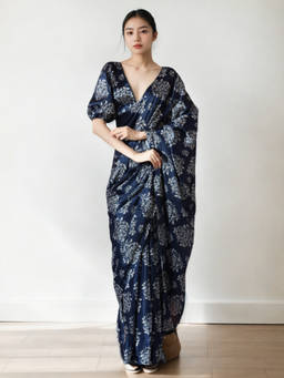 URBAN PALLU - Navy Blue Floral Silk Blend Pre-Draped Saree with Unstitched Blouse
