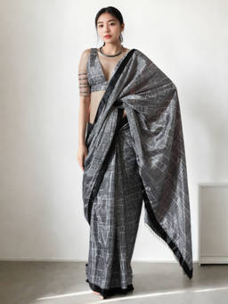URBAN PALLU - Grey Stripes Silk Blend Pre-Draped Saree with Unstitched Blouse