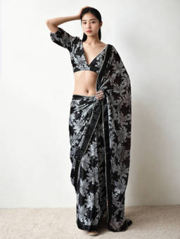 URBAN PALLU - Black Floral Silk Blend Pre-Draped Saree with Unstitched Blouse
