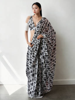 URBAN PALLU - Off White Printed Silk Blend Pre-Draped saree with Unstitched Blouse