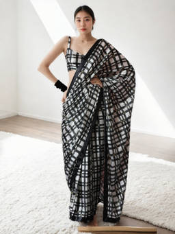 URBAN PALLU - Black Stripes Silk Blend Pre-Draped saree with Unstitched Blouse