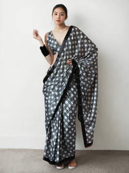 URBAN PALLU - Black Geometric Silk Blend Pre-Draped saree with Unstitched Blouse