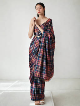 URBAN PALLU - Multi-Color Checks Silk Blend Pre-Draped saree with Unstitched Blouse