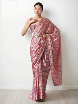 URBAN PALLU - Red Checks Silk Blend Pre-Draped saree with Unstitched Blouse