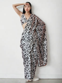 URBAN PALLU - White Printed Silk Blend Pre-Draped saree with Unstitched Blouse