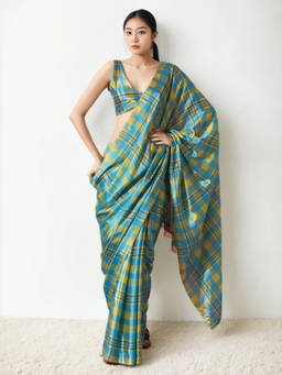URBAN PALLU - Green Geometric Silk Blend Pre-Draped saree with Unstitched Blouse