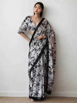 URBAN PALLU - Black Geometric Silk Blend Pre-Draped saree with Unstitched Blouse