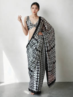 URBAN PALLU - Black Printed Silk Blend Pre-Draped saree with Unstitched Blouse