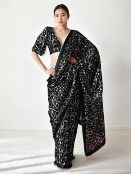 URBAN PALLU - Black Polka Dots Silk Blend Pre-Draped saree with Unstitched Blouse
