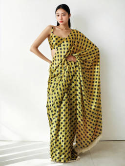 URBAN PALLU - Yellow Geometric Silk Blend Pre-Draped saree with Unstitched Blouse