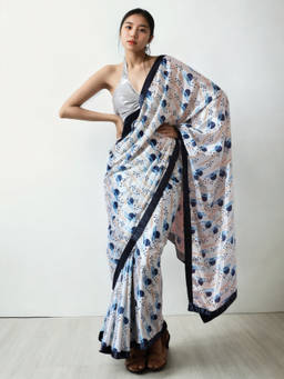 URBAN PALLU - White Printed Silk Blend Pre-Draped saree with Unstitched Blouse