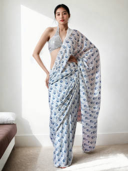 URBAN PALLU - White Printed Silk Blend Pre-Draped saree with Unstitched Blouse