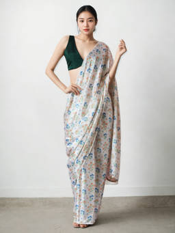 URBAN PALLU - White Floral Silk Blend Pre-Draped saree with Unstitched Blouse