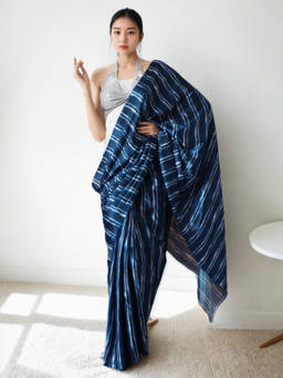 URBAN PALLU - Blue Stripes Silk Blend Pre-Draped saree with Unstitched Blouse