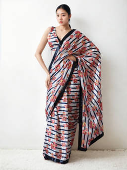 URBAN PALLU - Off White Stripes Silk Blend Pre-Draped saree with Unstitched Blouse