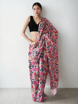 URBAN PALLU - Pink Floral Silk Blend Pre-Draped saree with Unstitched Blouse