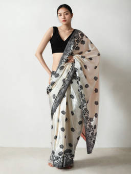 URBAN PALLU - White Floral Silk Blend Pre-Draped saree with Unstitched Blouse