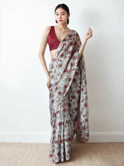 URBAN PALLU - White Floral Silk Blend Pre-Draped saree with Unstitched Blouse