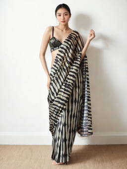 URBAN PALLU - Black Stripes Silk Blend Pre-Draped saree with Unstitched Blouse