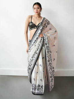 URBAN PALLU - White Floral Silk Blend Pre-Draped saree with Unstitched Blouse
