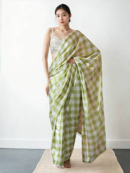 URBAN PALLU - Green Geometric Silk Blend Pre-Draped saree with Unstitched Blouse